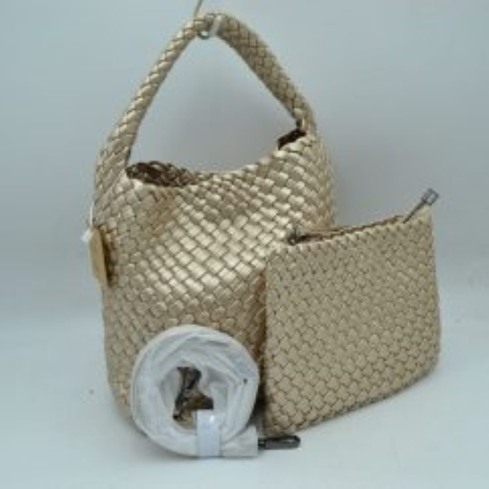 Woven Hobo Bag with Integrated Top Handle and Matching Pouch