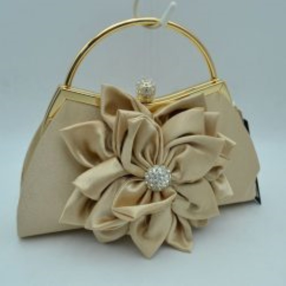 Evening Clutch Bag with Large Fabric Flower and Metal Top Handle