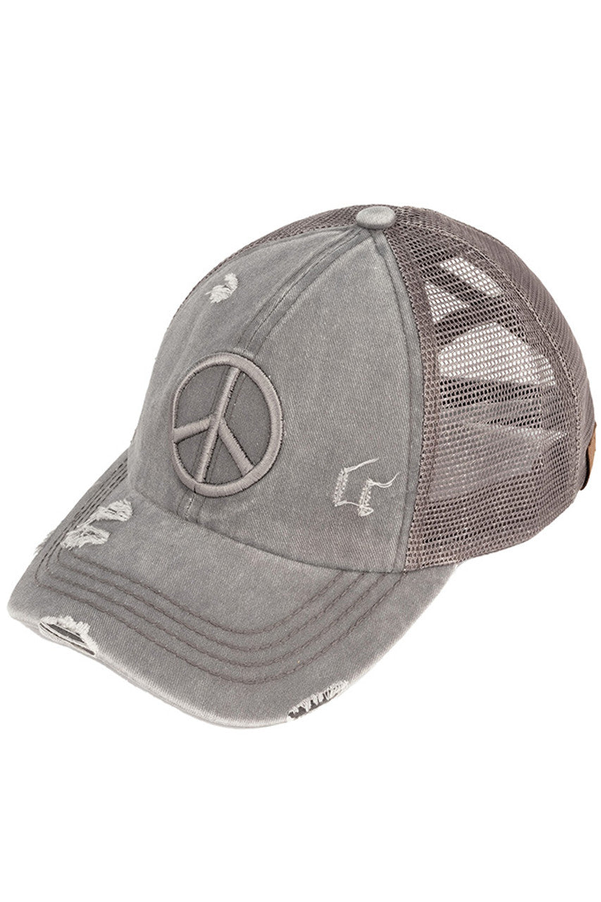 C.C Women's Peace Sign Distressed Ponytail Cap