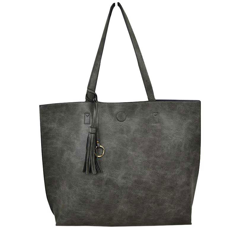 Reversible Faux Leather Tote Bag Vegan Tassel Handbag