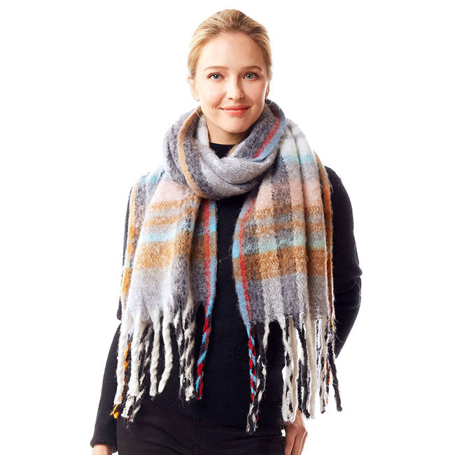 Plaid Check Patterned Soft Fuzzy Knit Oblong Scarf