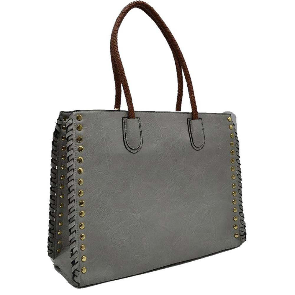 Women's Studded Faux Leather Whipstitch Shoulder Bag Tote