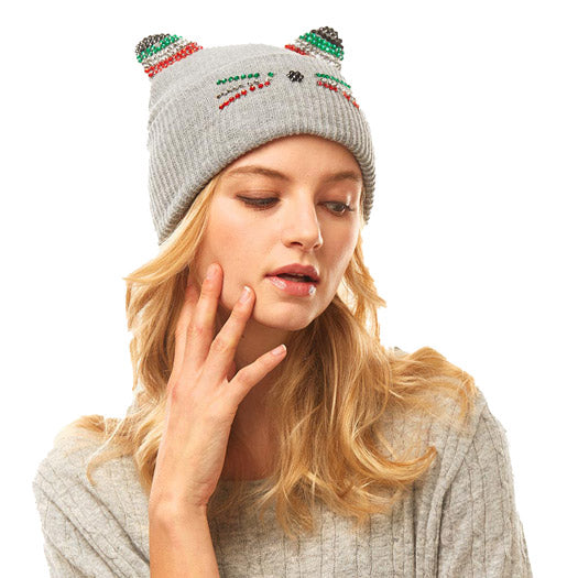 Crystal Embellished Cat Ear Beanie Hat