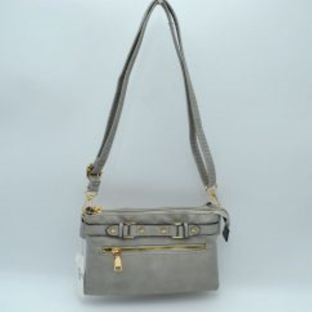 Multi-Zipper Crossbody Bag with Adjustable Strap and Gold Hardware