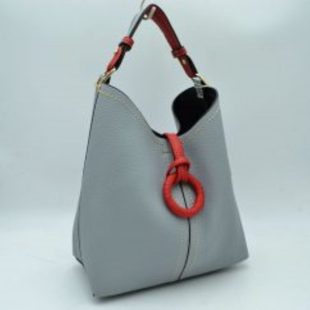 Pebbled Bucket Bag with Contrast Ring Accent and Top Handle