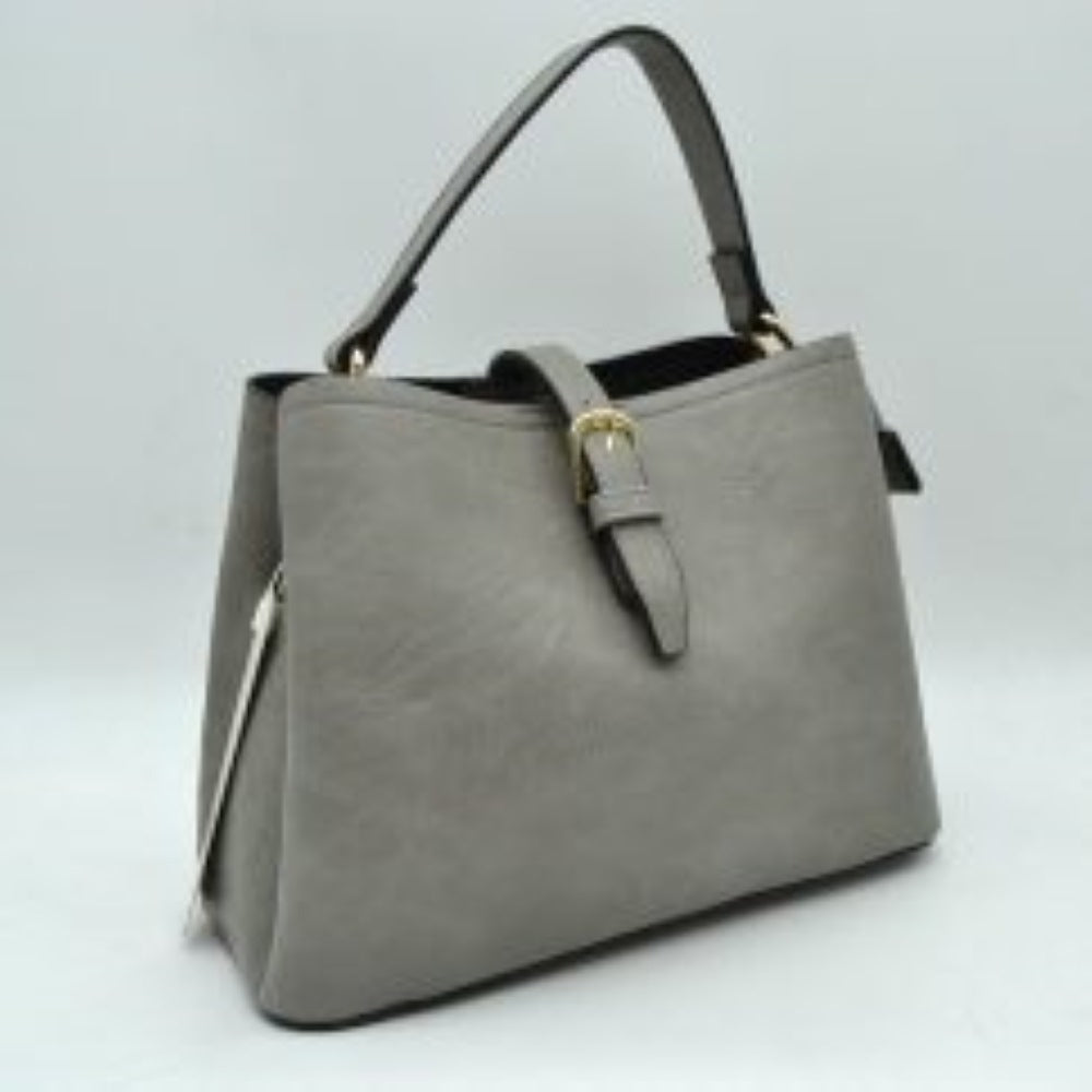 Buckle Strap Bucket Bag with Patterned Crossbody Strap