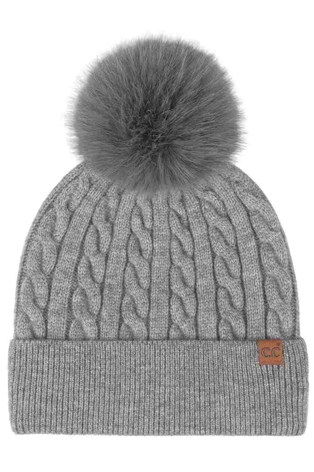 C.C Cable Knit Pattern Pom and Cuff Beanie Hat
