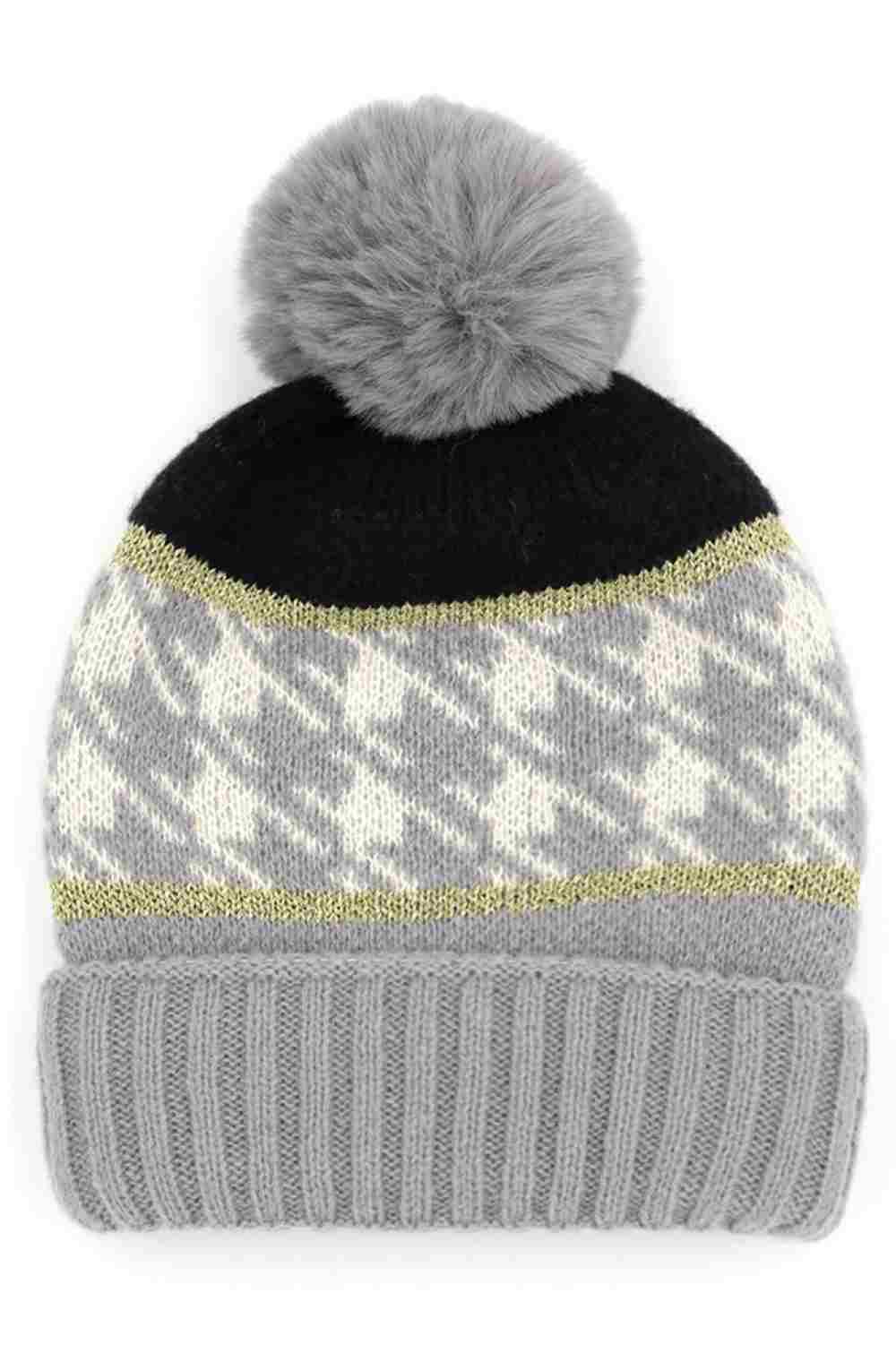 Houndstooth PomPom Beanie