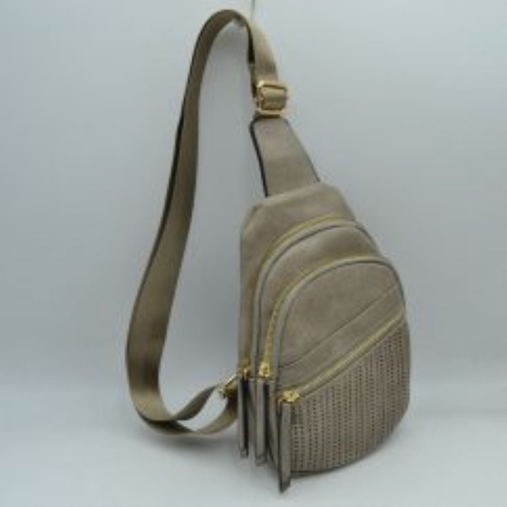 Perforated Crossbody Sling Bag with Triple Zipper Pockets