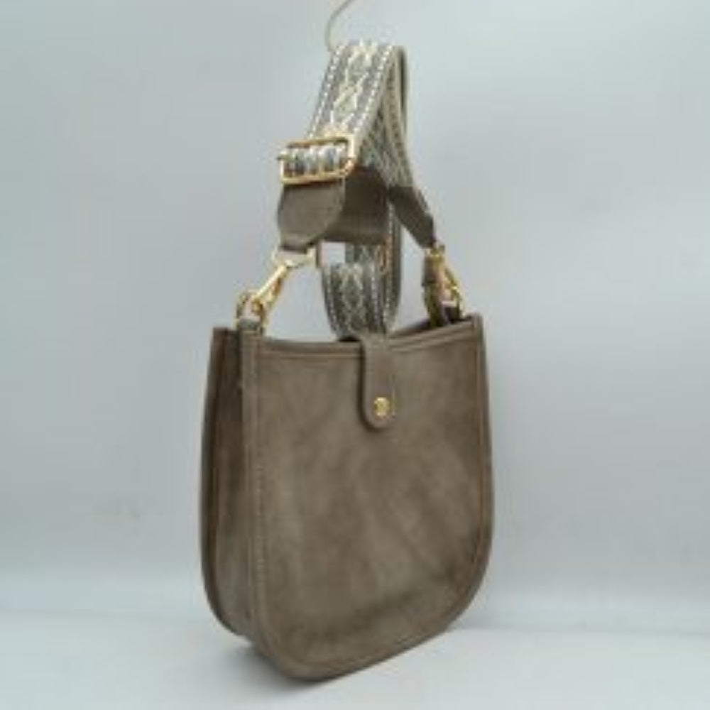 Minimalist Curved Crossbody Bag with Patterned Guitar Strap