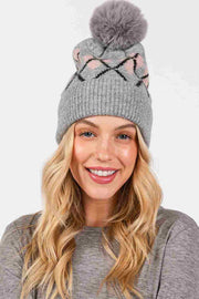 Wool Blended Argyle Fleece Pom pom Beanie