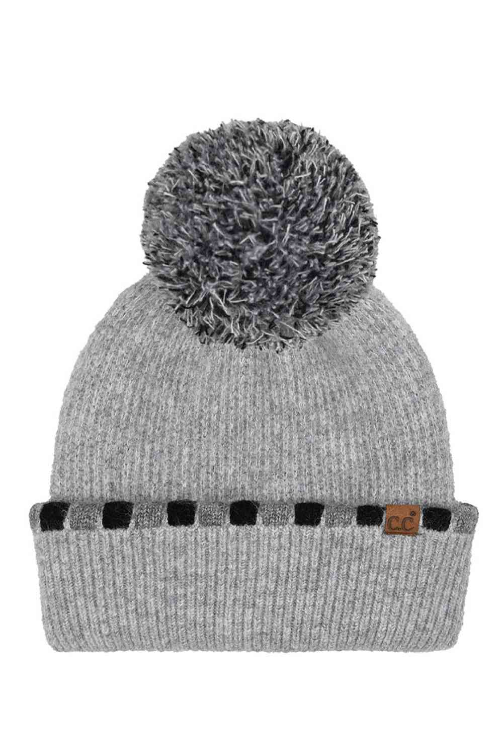 C.C Neutral Horizontal Stripe Cuffed Pom Beanie