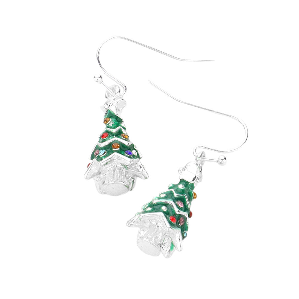 3D Rhinestone Enamel Metal Christmas Tree Dangle Earrings