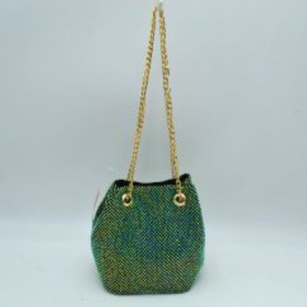 Textured Bucket Bag with Metallic Chain Straps