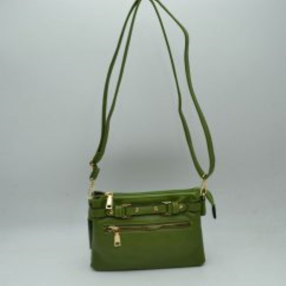 Multi-Zipper Crossbody Bag with Adjustable Strap and Gold Hardware