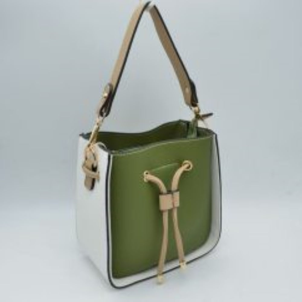 Color-Block Drawstring Bucket Bag with Multi-Strap Options