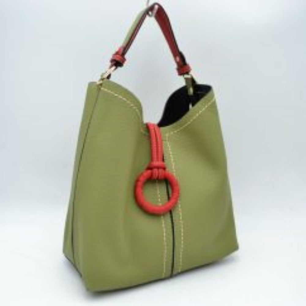 Pebbled Bucket Bag with Contrast Ring Accent and Top Handle