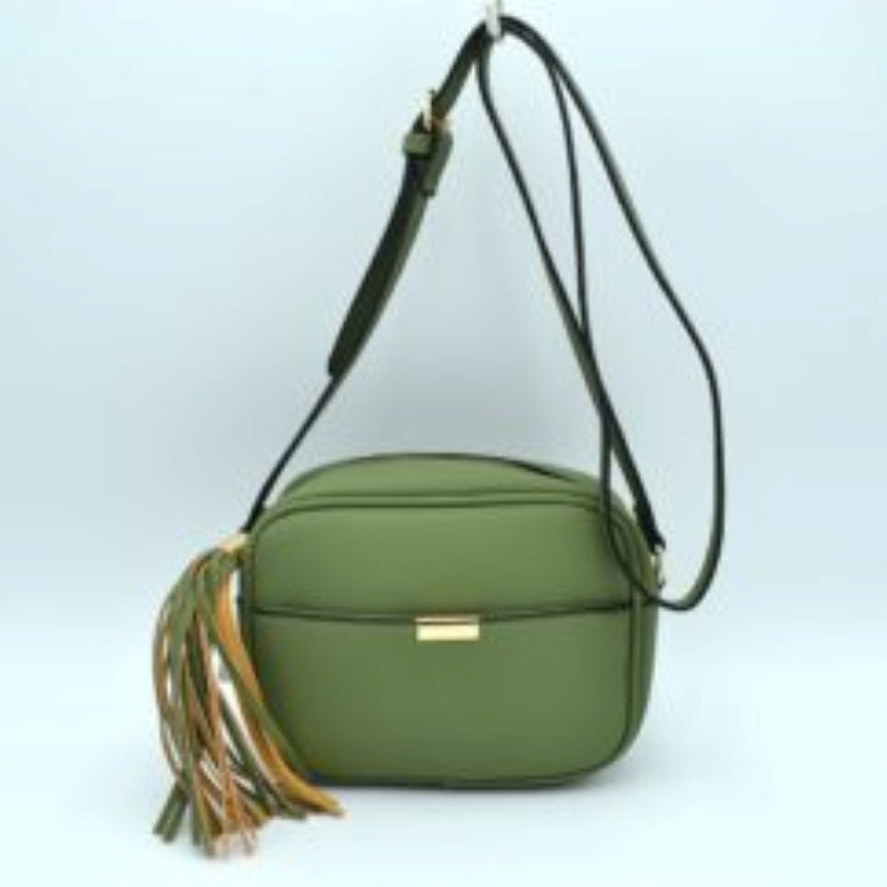 Pebbled Camera Crossbody Bag with Large Statement Tassel Accent
