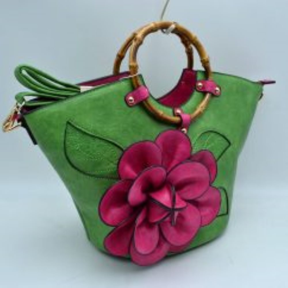 Floral Applique Tote Bag with Segmented Round Top Handles