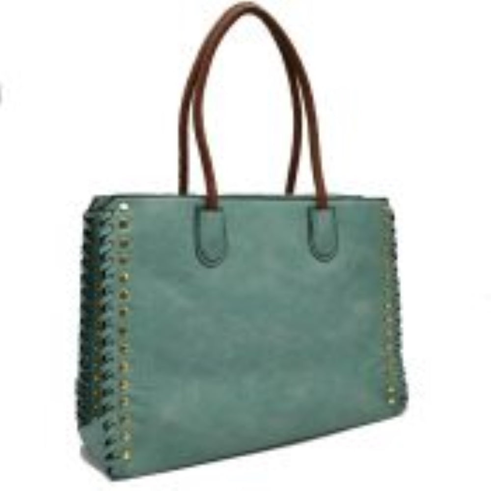 Women's Studded Faux Leather Whipstitch Shoulder Bag Tote