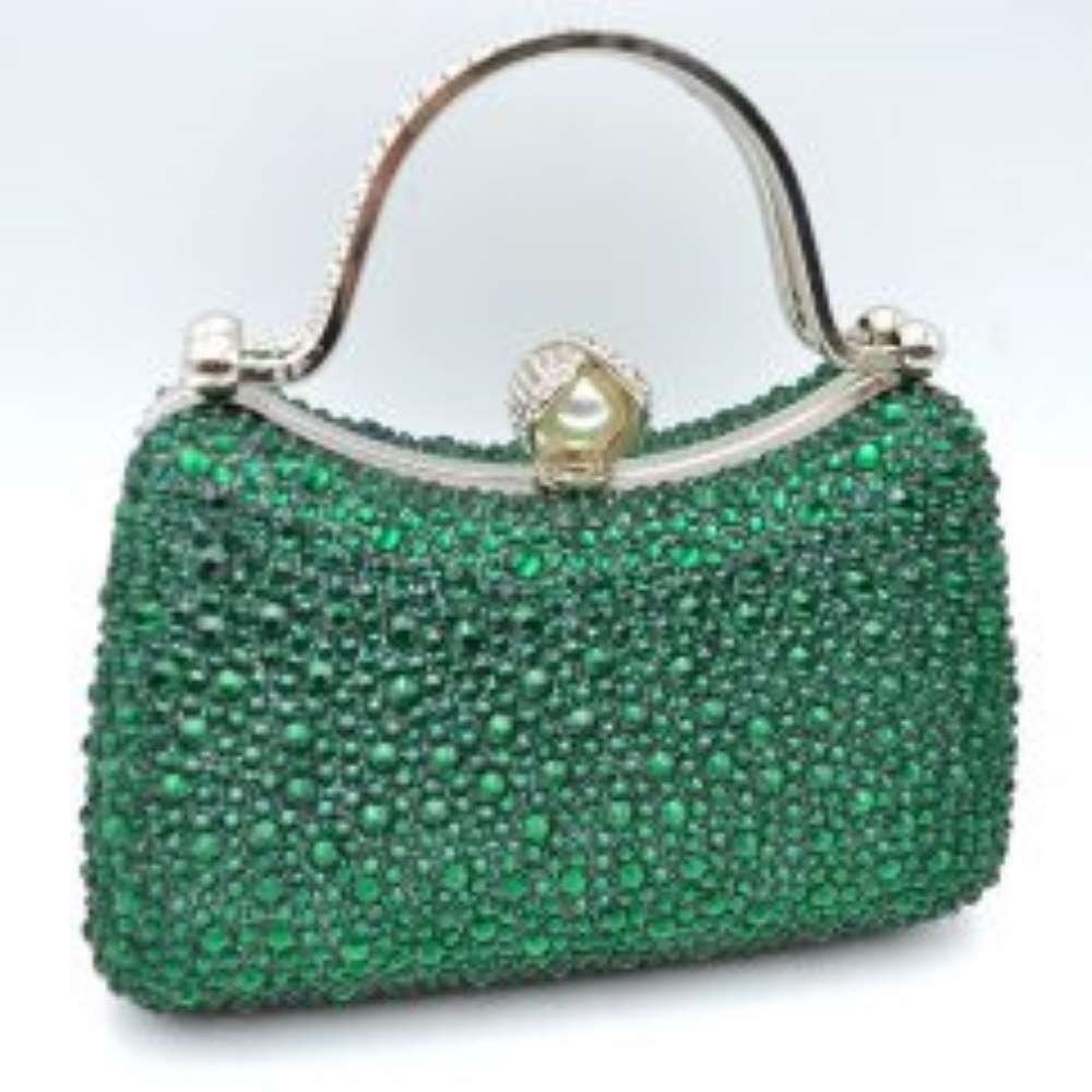 Rhinestone Encrusted Evening Clutch Bag with Pearl Clasp and Metal Handle