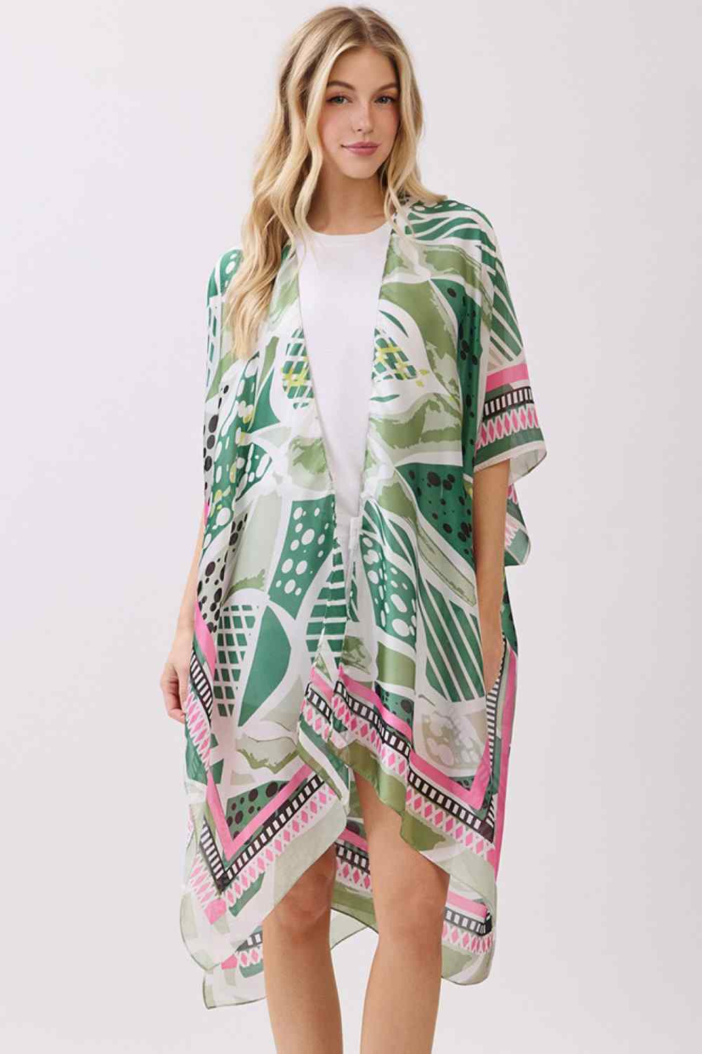 Abstract Botanical Print and Pattern Edge Silky Feel Kimono