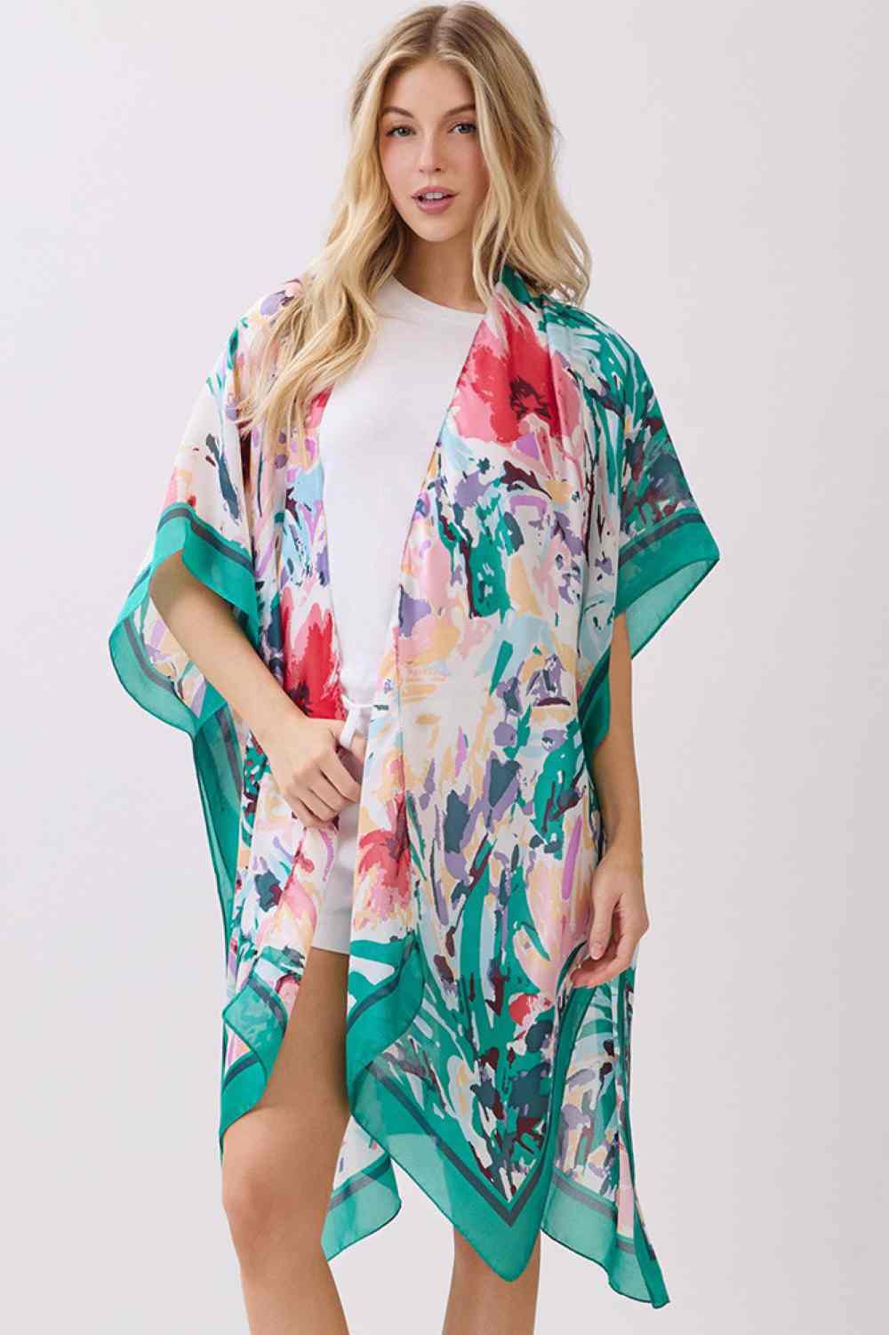 Abstract Floral Print and Solid Color Edge Silky Feel Kimono