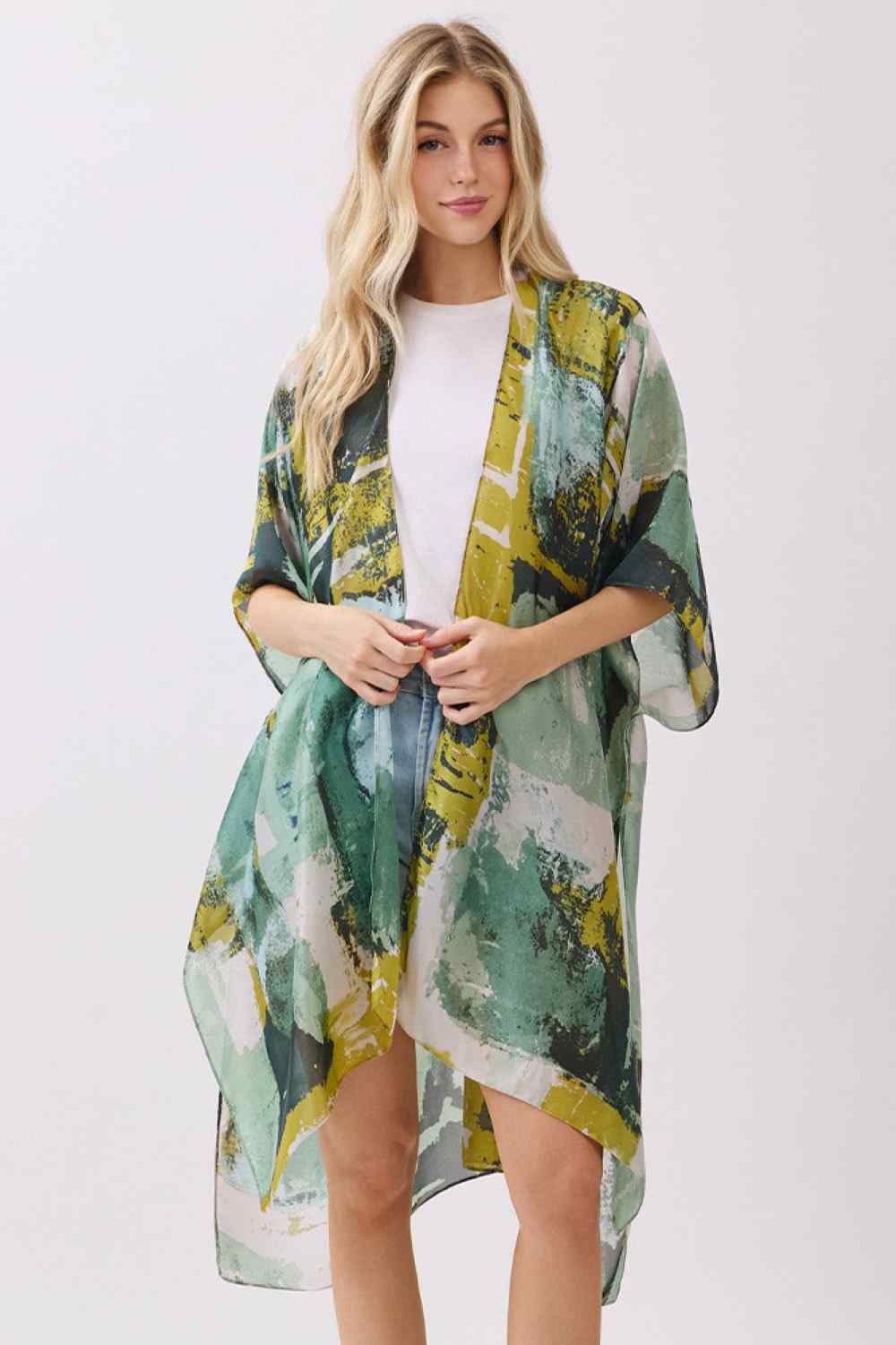 Abstract Modern Art-Inspired Print Silky Feel Kimono