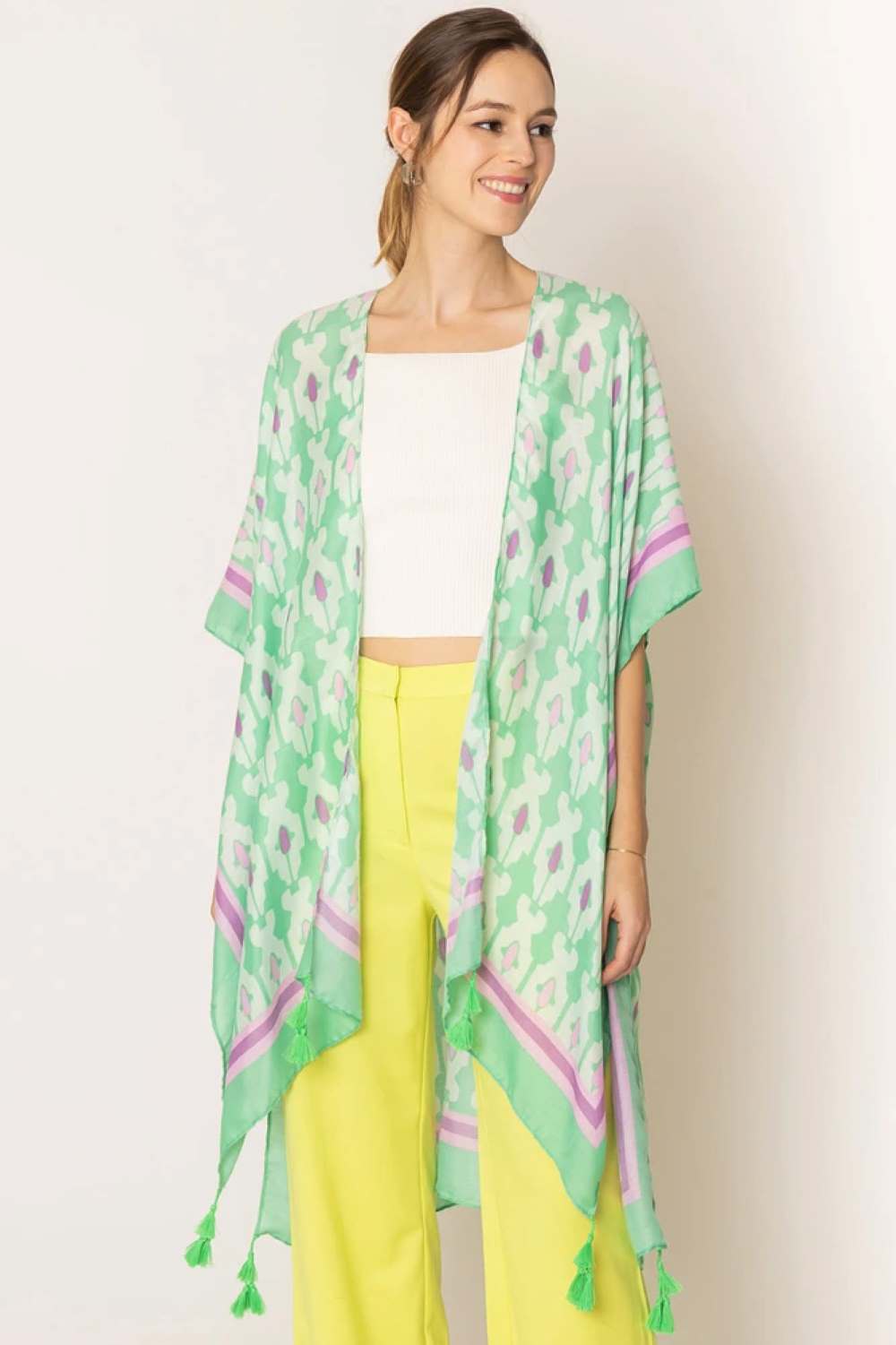 Charm Tile Print Stripe Edge Tassel Kimono