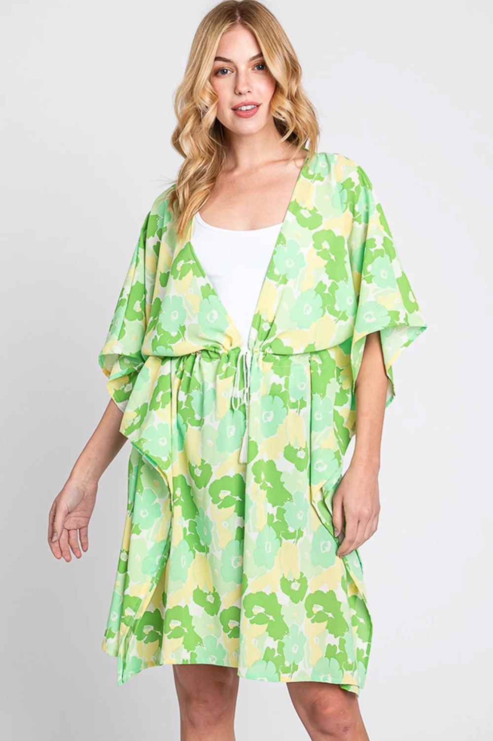 Daisy Tie Drawstring Open Front Cover Up