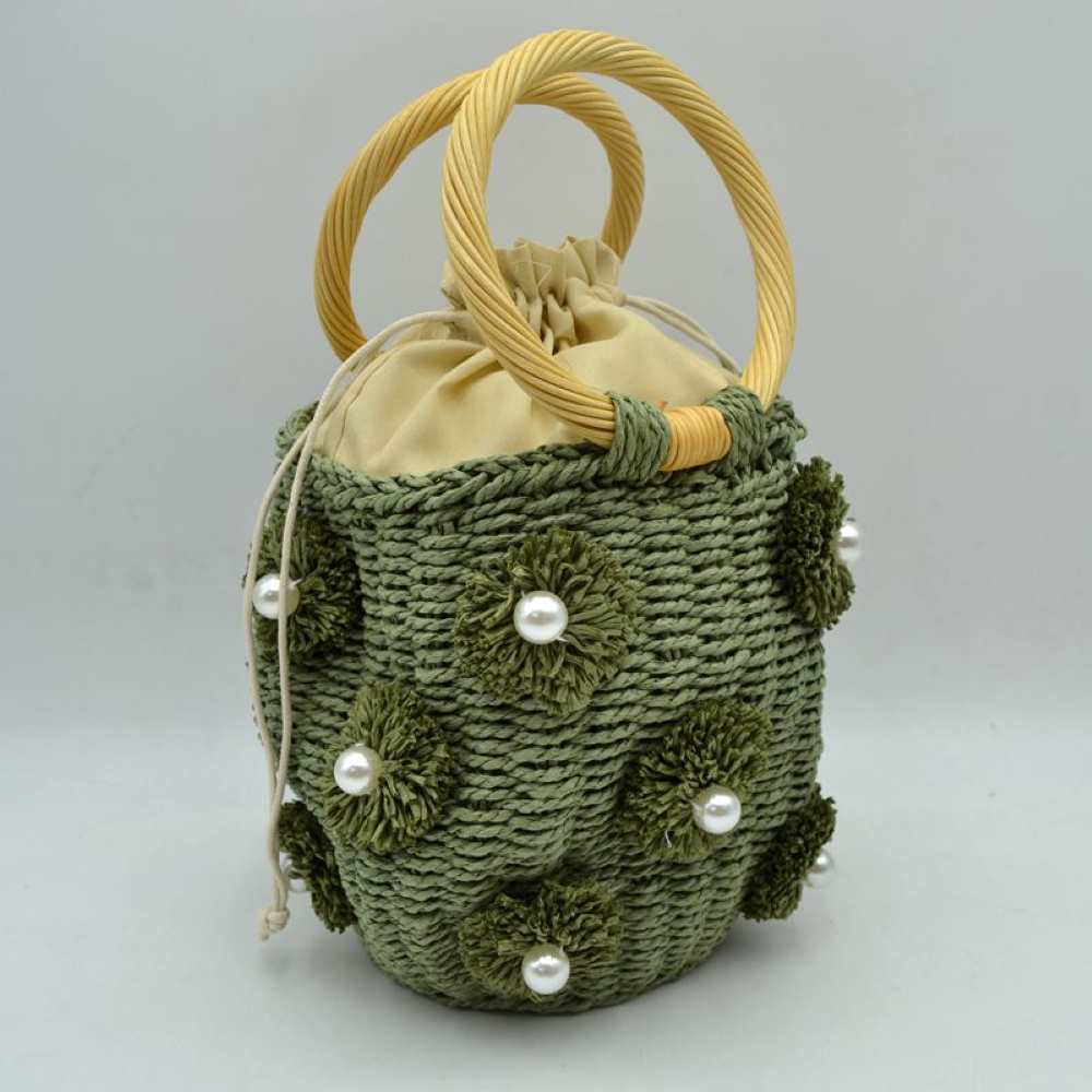Floral Pearl Accented Straw Bucket Bag with Drawstring Liner