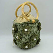 Floral Pearl Accented Straw Bucket Bag with Drawstring Liner