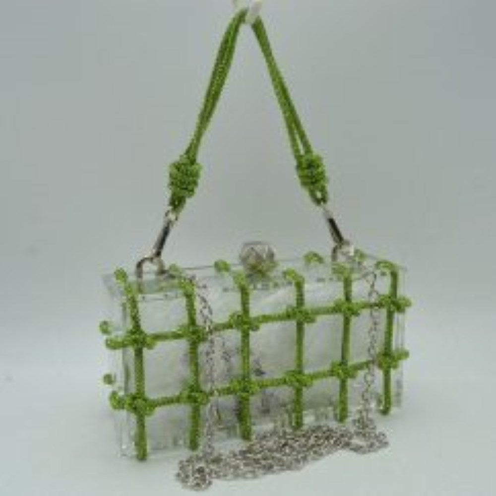 Box Clutch Bag with Cage Overlay and Cord Top Handle