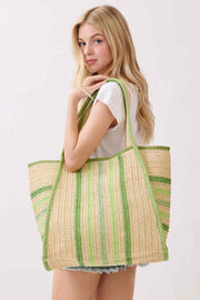 Multi Color Stripe Pattern Natural Straw Tote Bag
