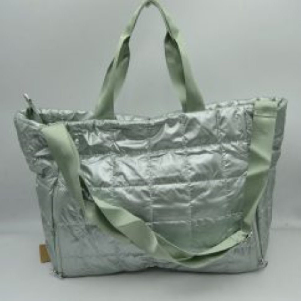 Grid Quilted Puffer Weekender Travel Duffel Bag with Exterior Zipper Pockets