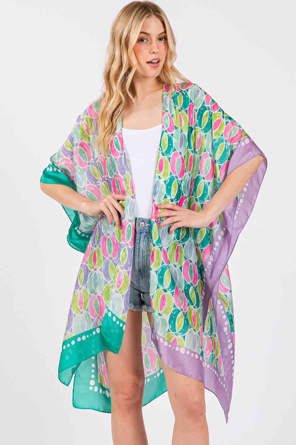 Two Tones Trim Abstract Pattern Silky Feel Kimono