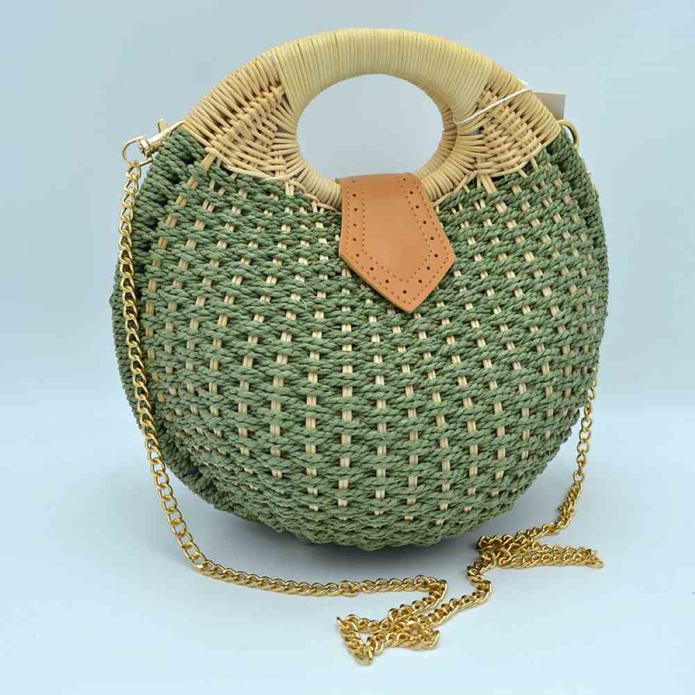 Round Woven Straw Handbag with Rattan Cutout Handle
