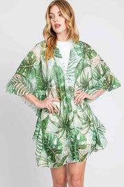 Ruffle Lined Tropical Leaves Crochet Cover Up
