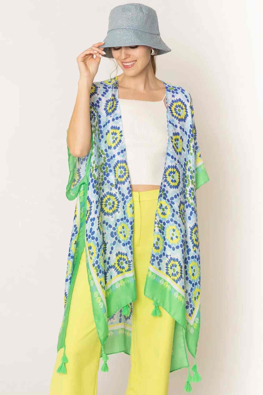 Tile Print Stripe Edge Tassel Kimono