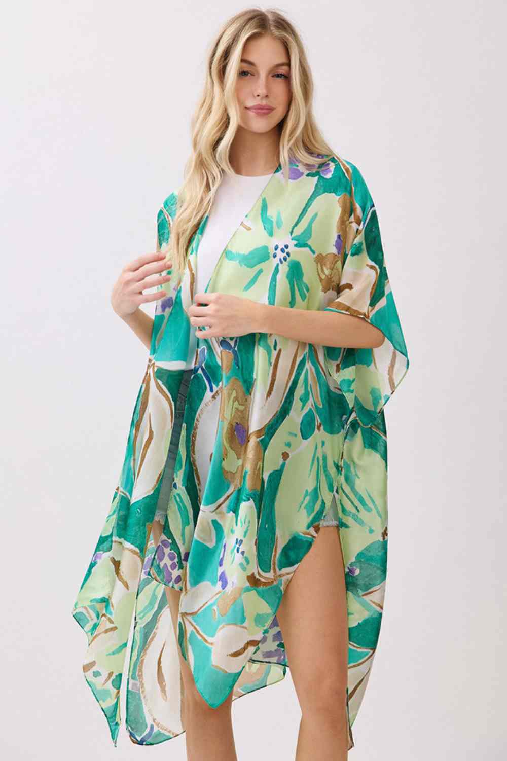 Vibrant Botanic Print Silky Feel Kimono
