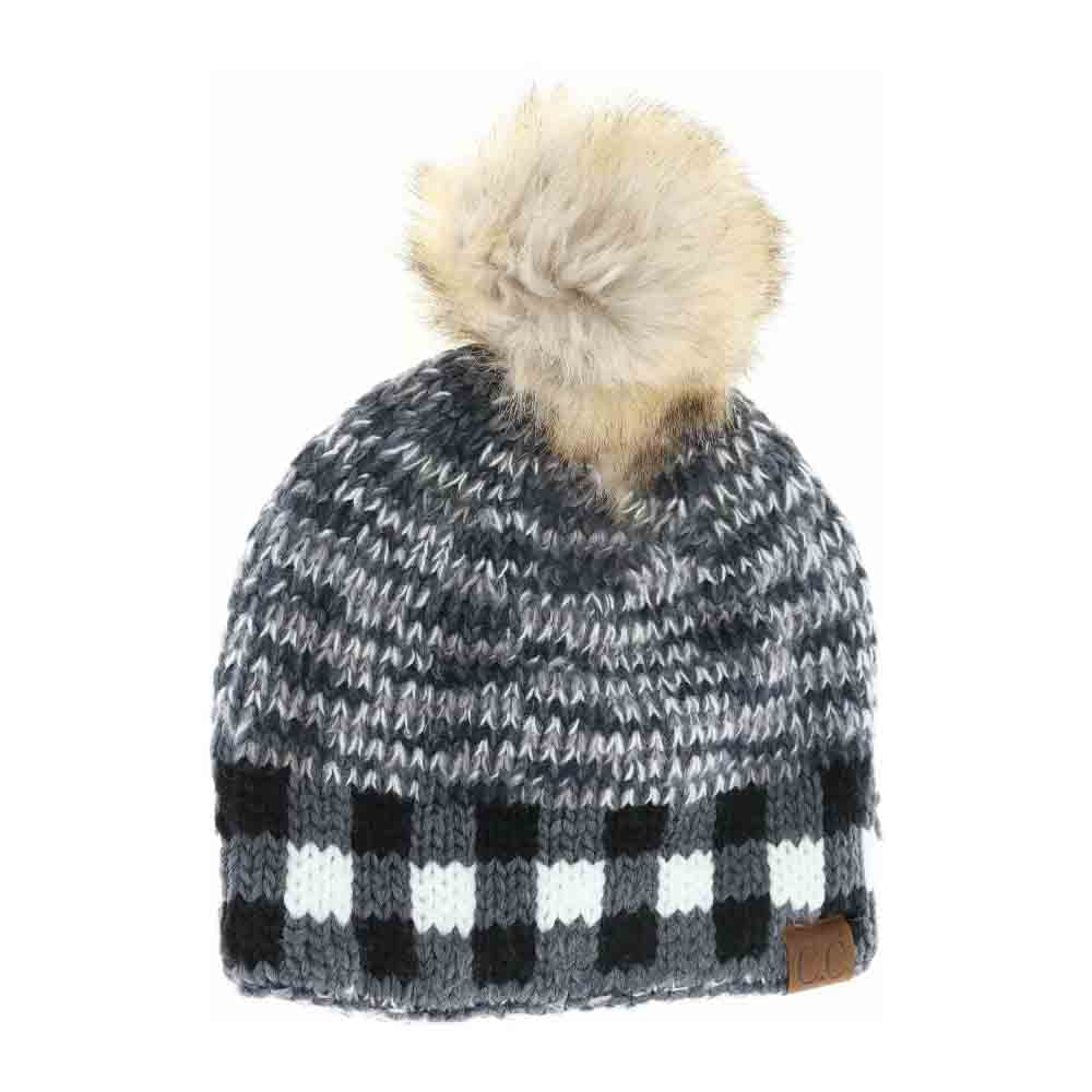 Buffalo Check Mixed Print Fur Pom C.C Beanie