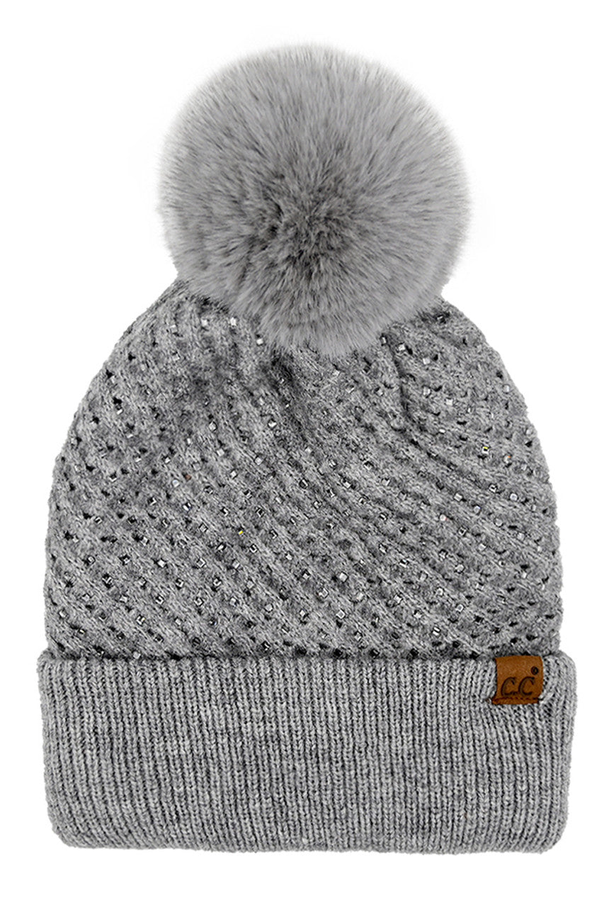 C.C Allover Rhinestone Pom Beanie