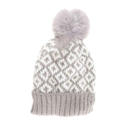 Fuzzy Lined Diamond Patterned Faux Fur Pom C.C Beanie