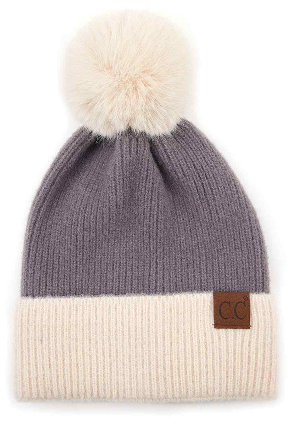 C.C Solid Color Pom Beanie with Beige Cuff
