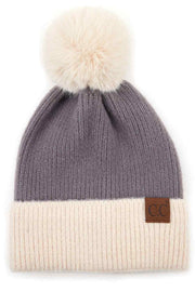 C.C Solid Color Pom Beanie with Beige Cuff