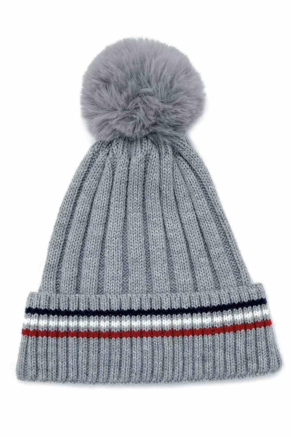 Stripe Rib Super Soft Cuff Beanie with Faux Fur Pom