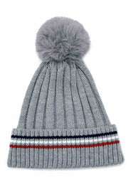 Stripe Rib Super Soft Cuff Beanie with Faux Fur Pom