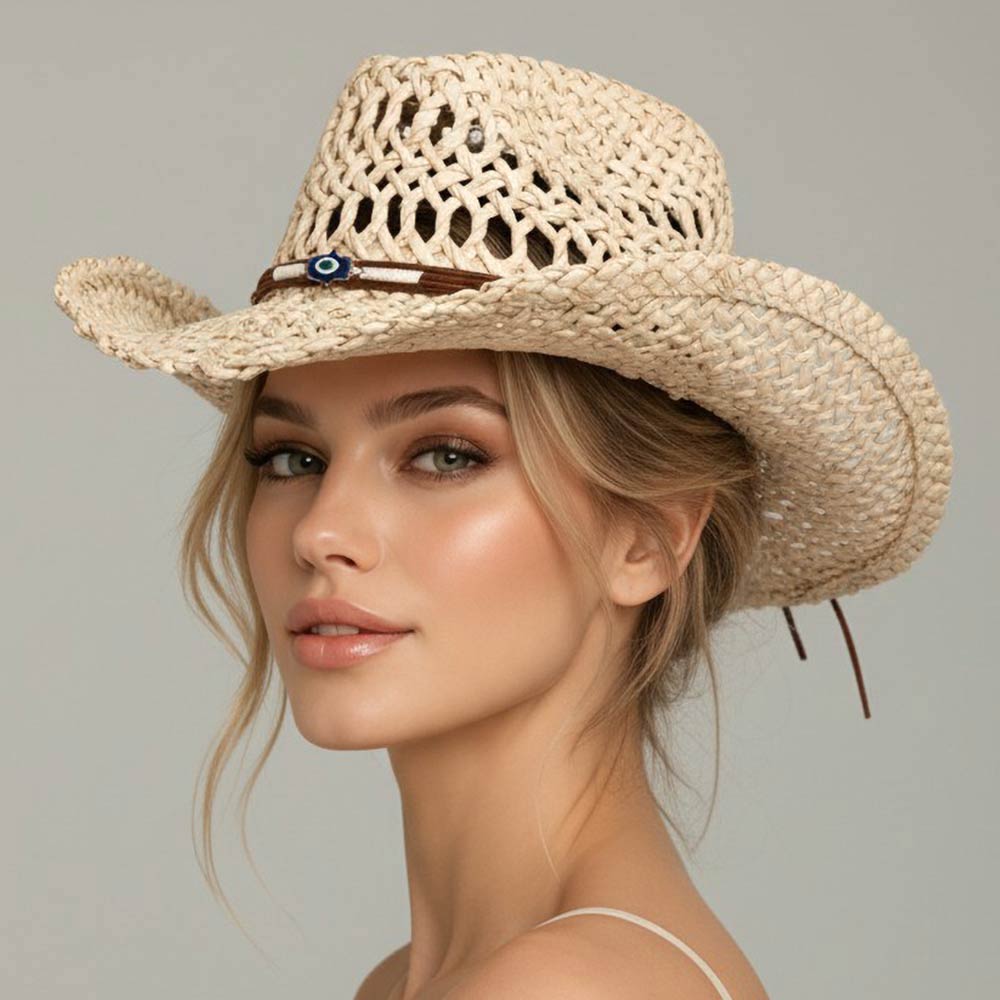 Boho Western Hamsa Hand Accent Band Breathable Woven Cowboy Fedora Sun Hat