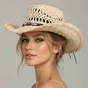 Boho Western Hamsa Hand Accent Band Breathable Woven Cowboy Fedora Sun Hat