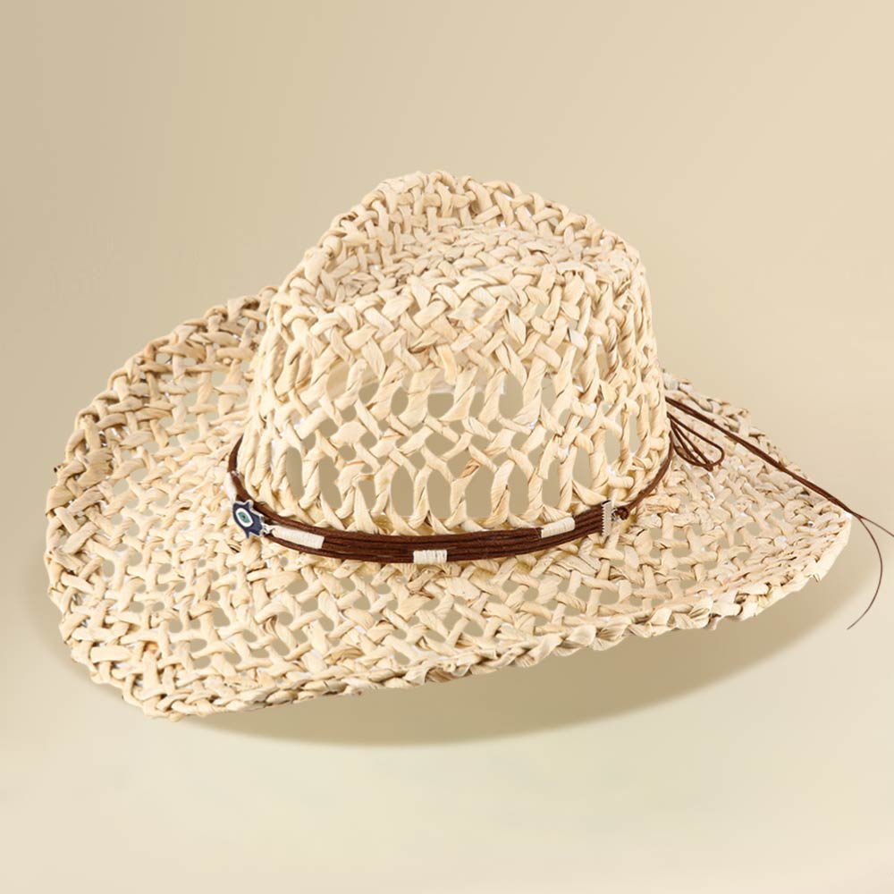 Boho Western Hamsa Hand Accent Band Breathable Woven Cowboy Fedora Sun Hat